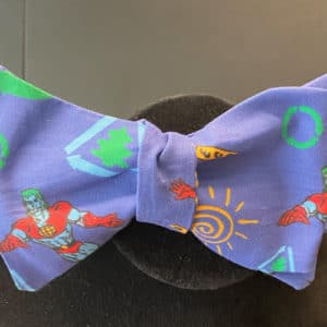 Bowtie with Captain Planet and icons on a blue-purple background