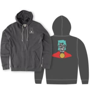 A black cotton hoodie with designs on the front and back