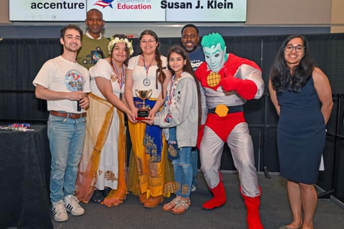 From left to right: Adam Sichel, Program Coordinator for Captain Planet Foundation; Mr. Meade, Regional Program Coordinator at CASE for Kids; Student finalists from The Creek; Larry Moses II, Program Coordinator at CASE for Kids, and Riya Santra, Packaged Application Specialist at Accenture.