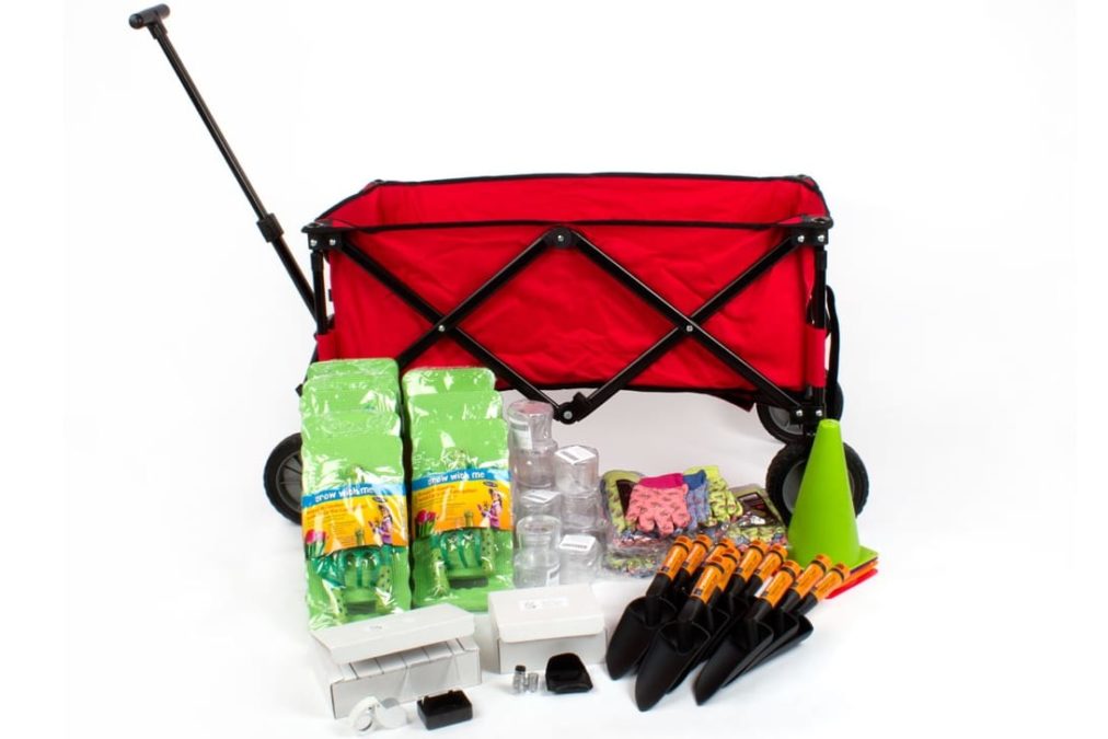 Project Learning Garden wagon with tools including spades and gloves