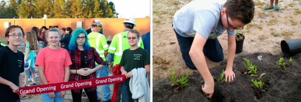 Students at grand opening and student planting in garden