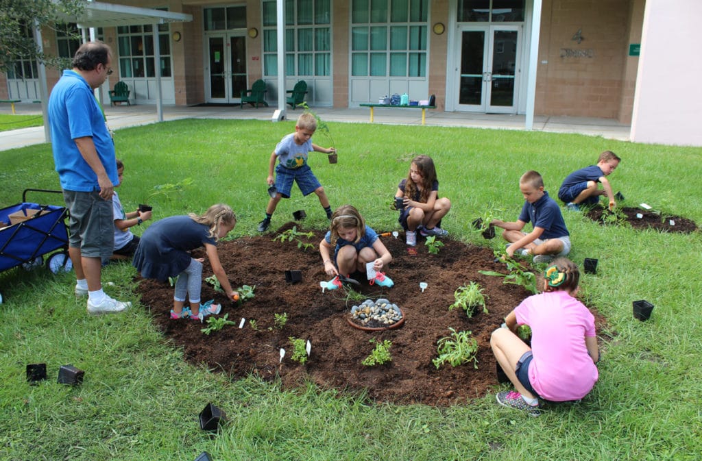 Young students working in circular garden