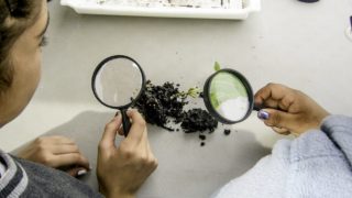 2 students looking at soil through magnifying glasses