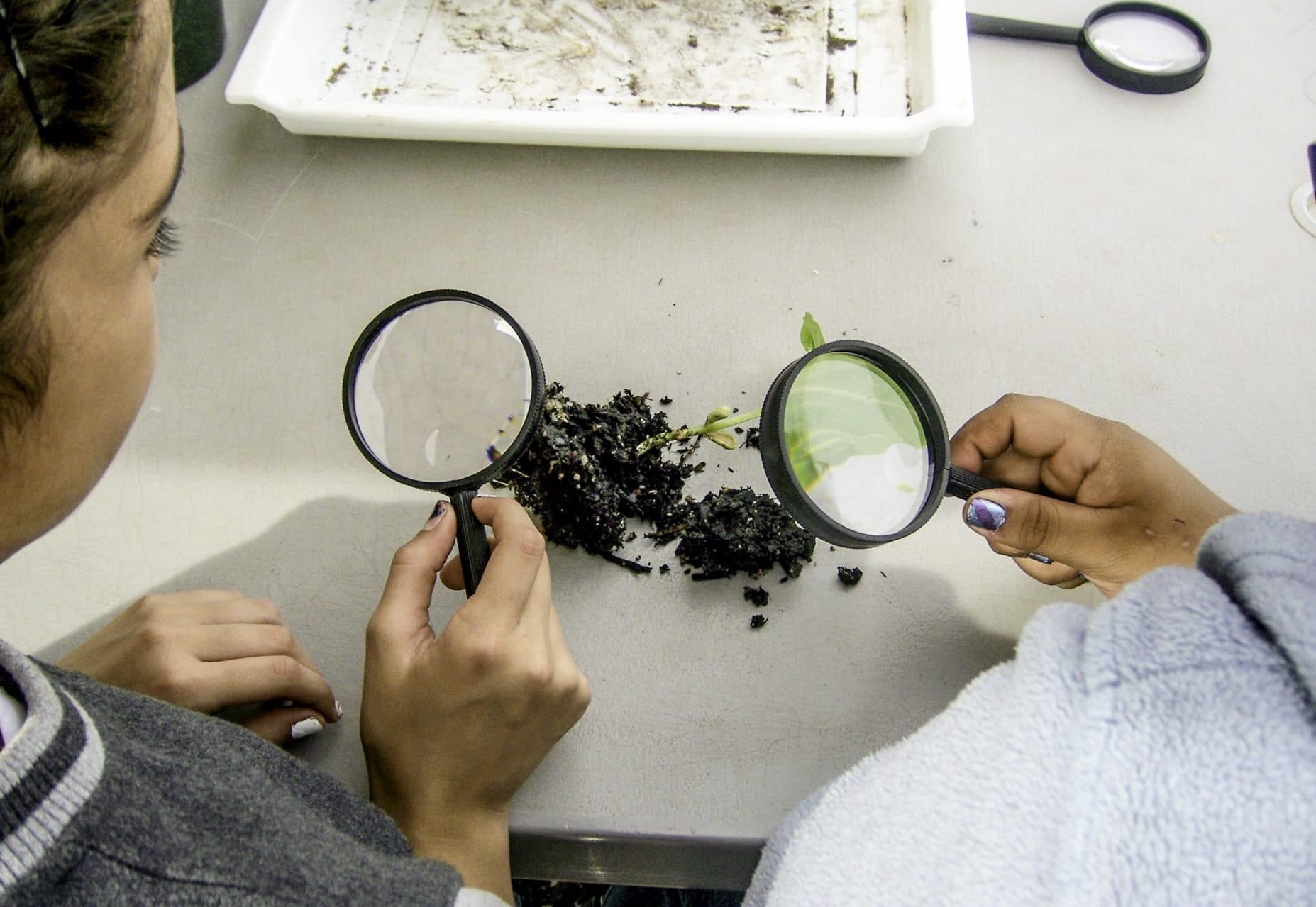 2 students looking at soil through magnifying glasses