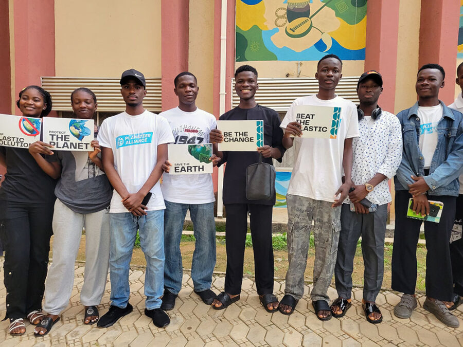 Participants at the University of Jos, Plateau State, Nigeria, hosted by Nanpyal Selkur Jor, pose proudly after having a drainage cleanup.