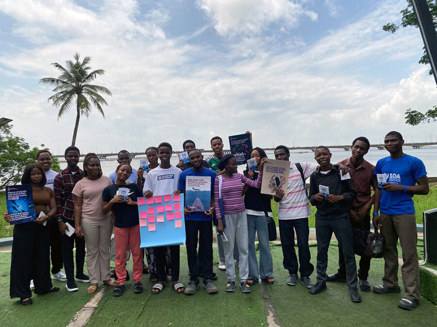 Blessings Adetona leading a cleanup activity in UBA Park, Nigeria.