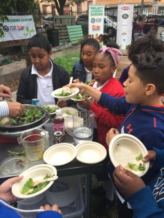 Young children eating salad
