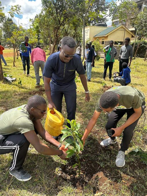 Renson Nyongesa in Nairobi, Kenya, middle, helps pour water over a newly planted tree seedling.