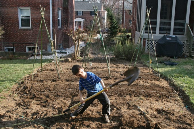 young boy shoveling dirt
