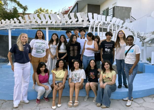Becca Bullen, Planeteer Alliance Program Manager (far left), Latoya Henry, Chief Operating Officer (far right), and Natalia Moragrega, Regional Coordinator (1st row, seated far right), with students from the Ecology Project International’s (EPI) eco club, Californios Verdes in La Paz, Mexico.