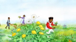 illustration of children playing and planting in garden