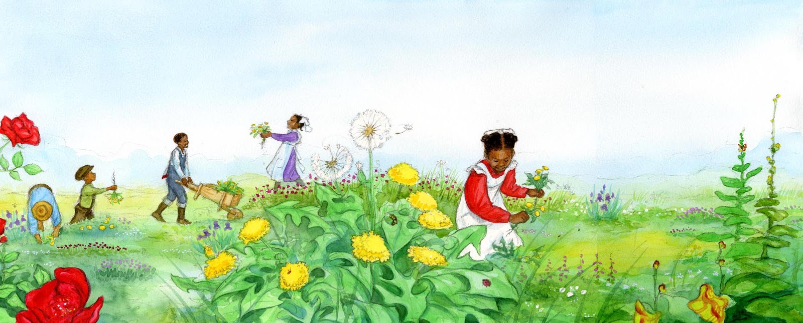 illustration of children playing and planting in garden